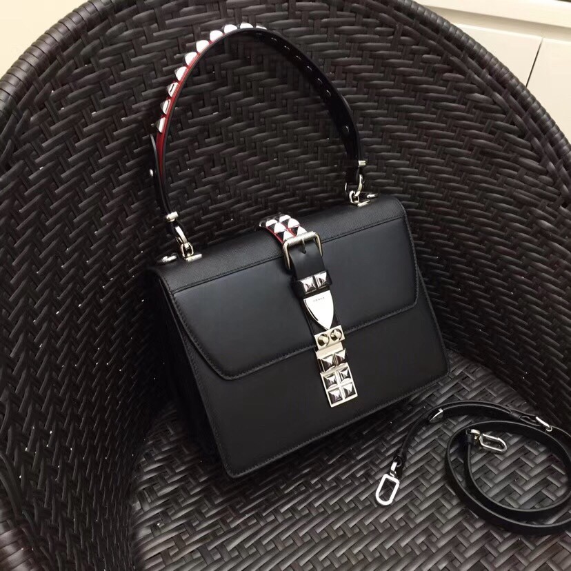 Pra*a elektra shoulder bag in black calfskin