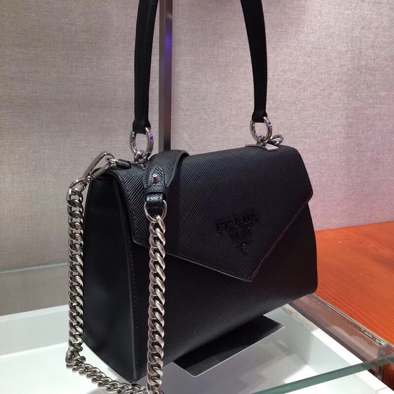 Pra*a monochrome top handle bag in black saffiano leather