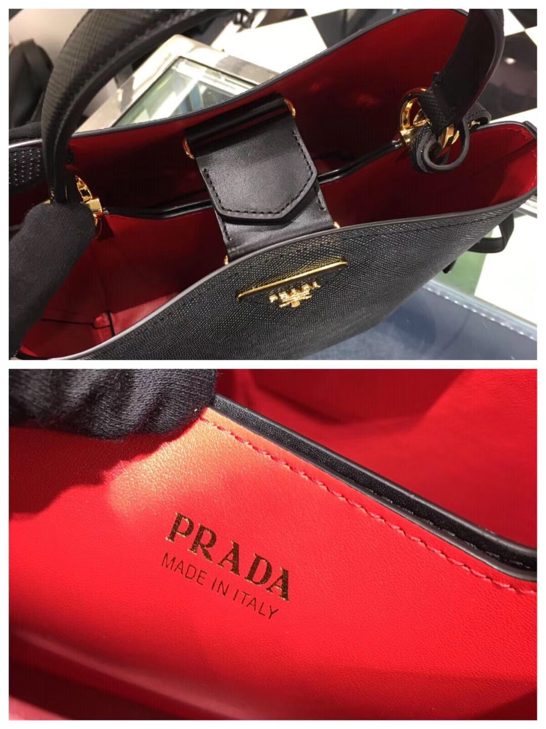 pra*a black saffiano N0*H south double medium bag