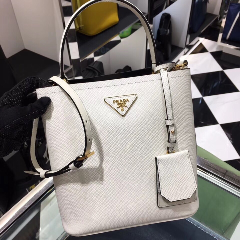 pra*a white saffiano N0*H south double medium bag