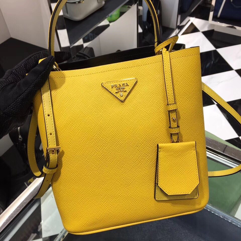 pra*a yellow saffiano N0*H south double medium bag