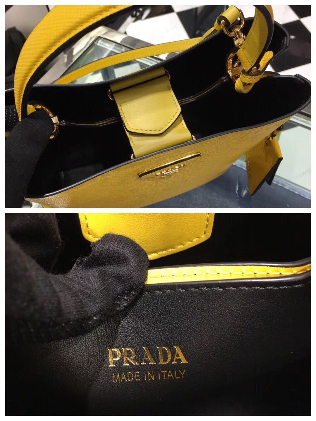 pra*a yellow saffiano N0*H south double medium bag