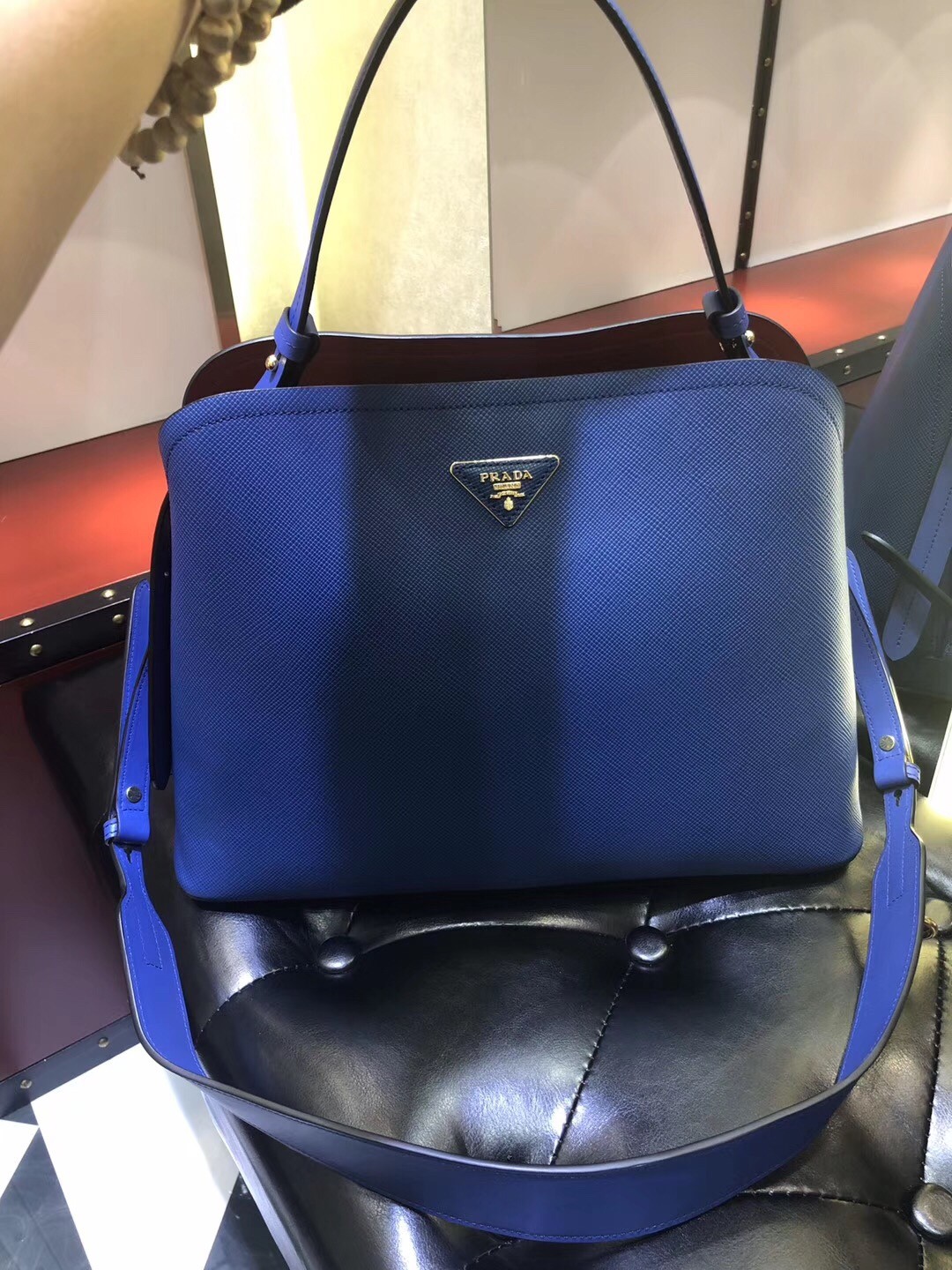 Pra*a matinee tote bag in blue saffiano leather