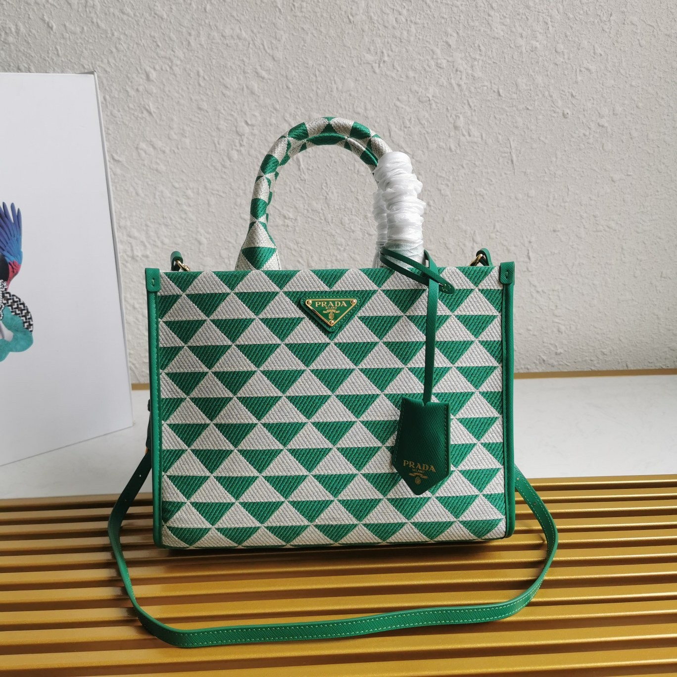 Pra*a symbole small bag in green and white jacquard fabric