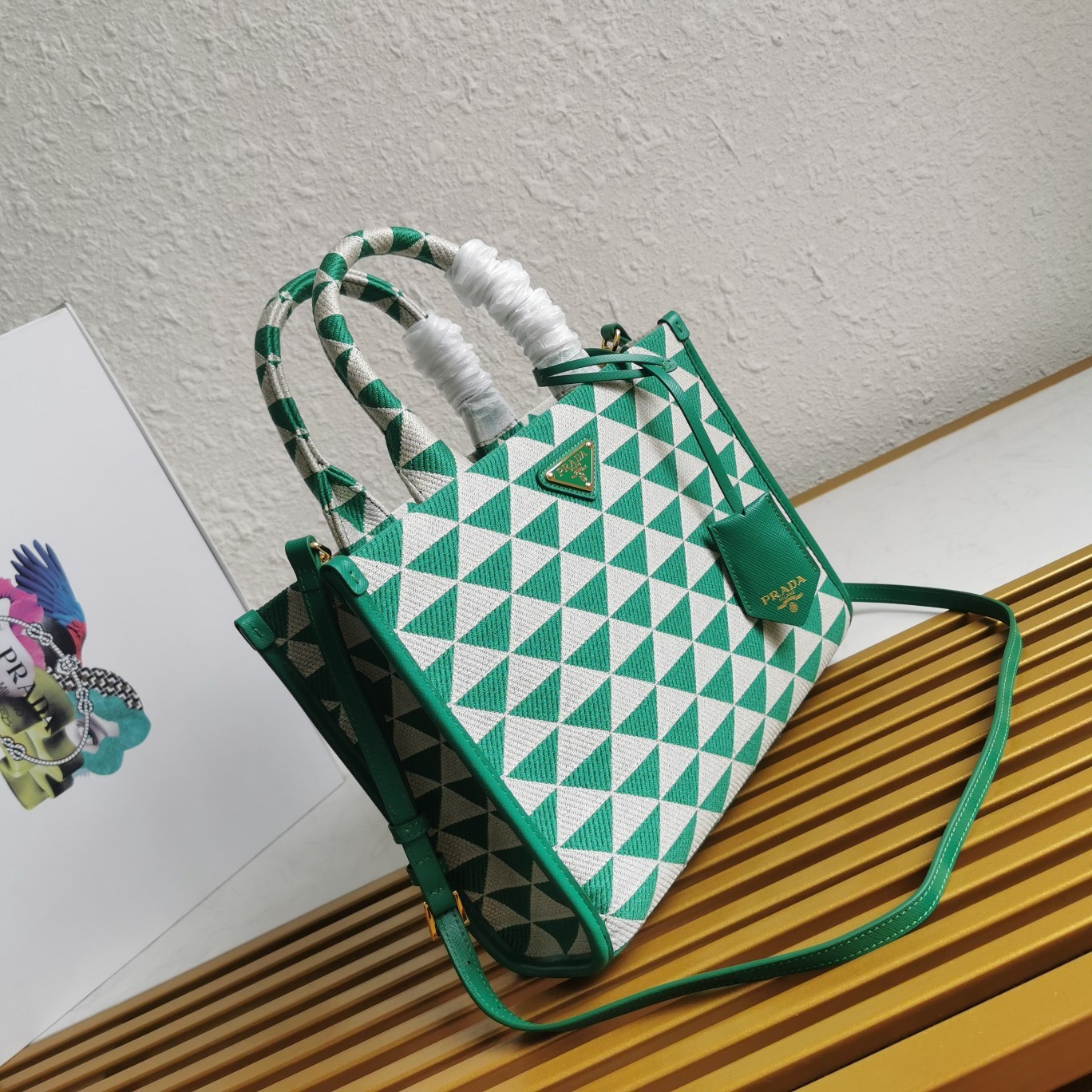 Pra*a symbole small bag in green and white jacquard fabric