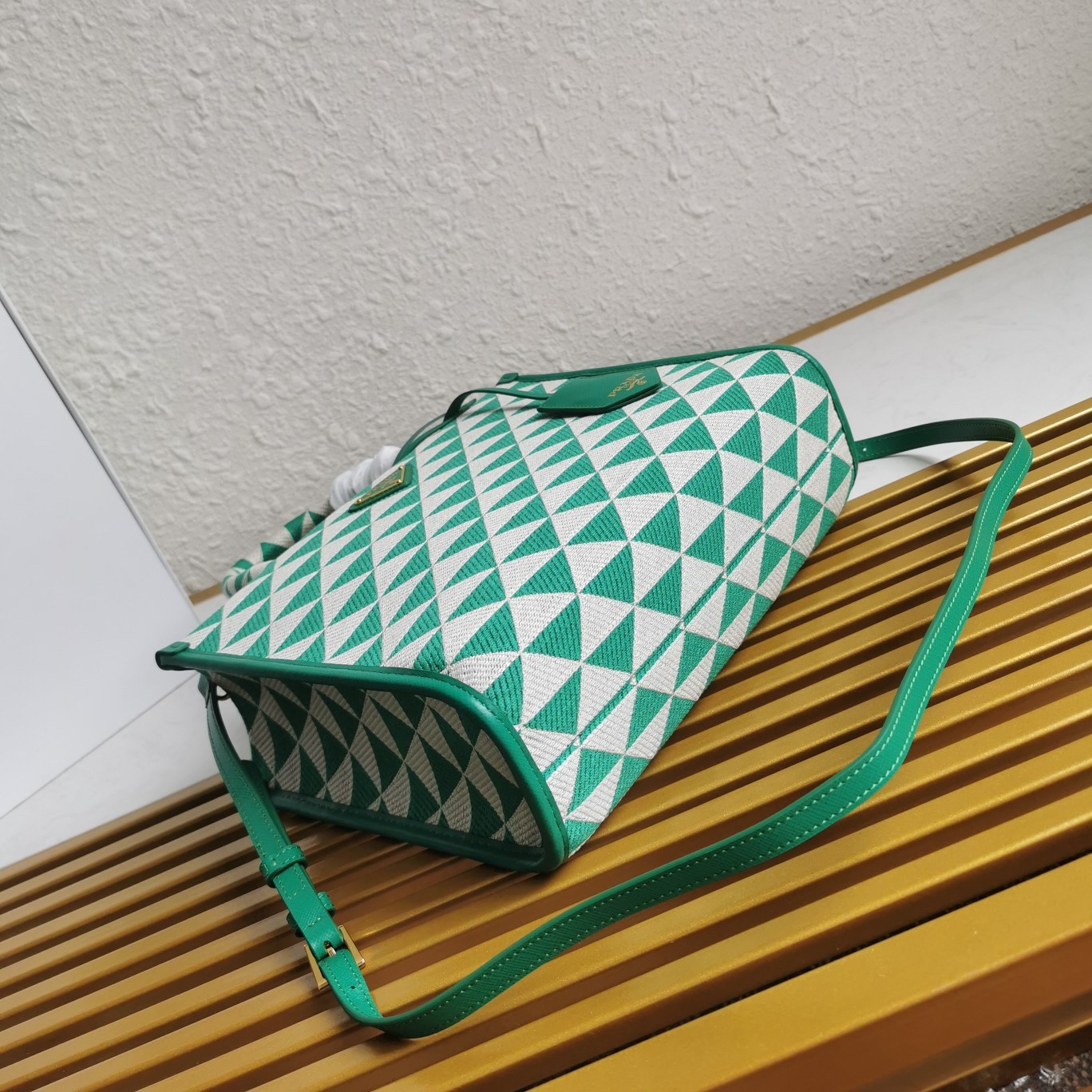 Pra*a symbole small bag in green and white jacquard fabric