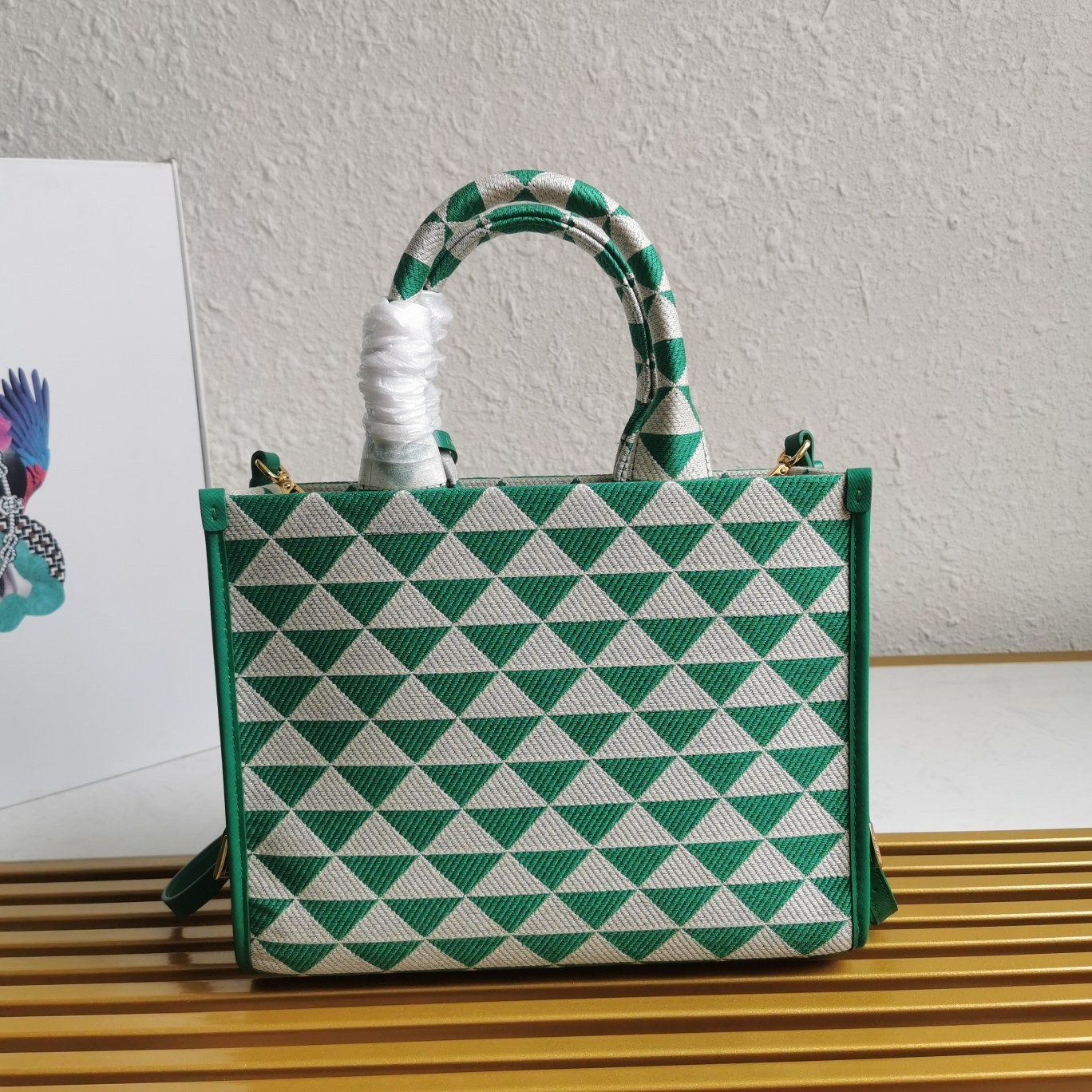 Pra*a symbole small bag in green and white jacquard fabric