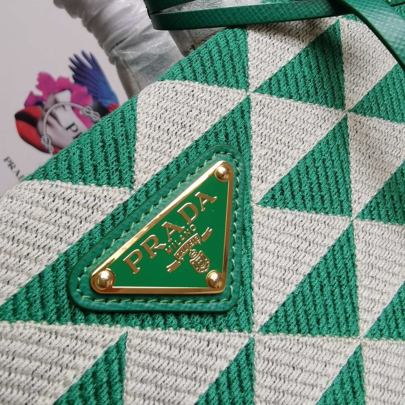 Pra*a symbole small bag in green and white jacquard fabric