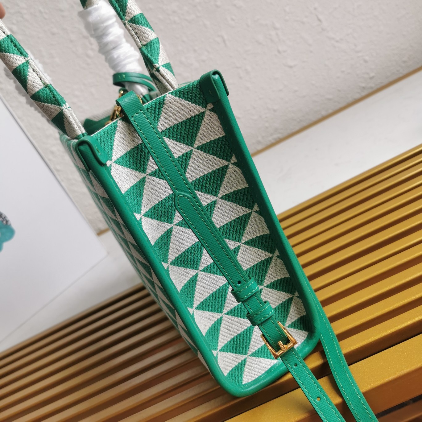 Pra*a symbole small bag in green and white jacquard fabric