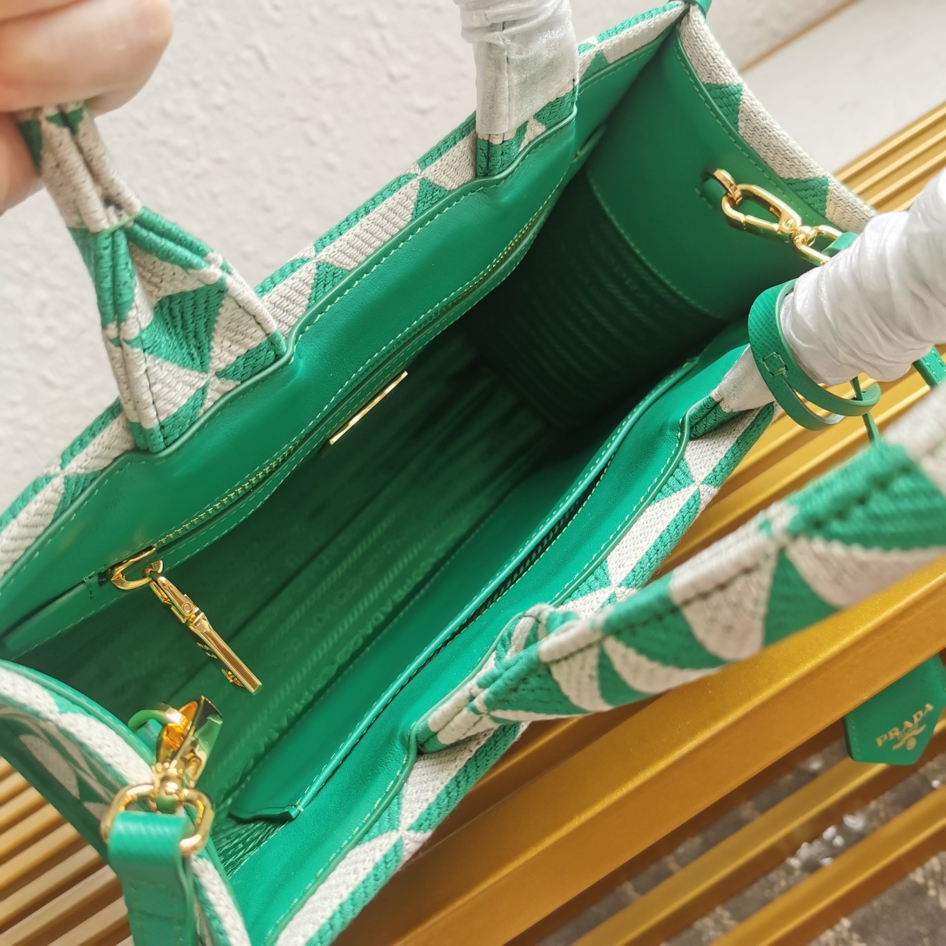Pra*a symbole small bag in green and white jacquard fabric