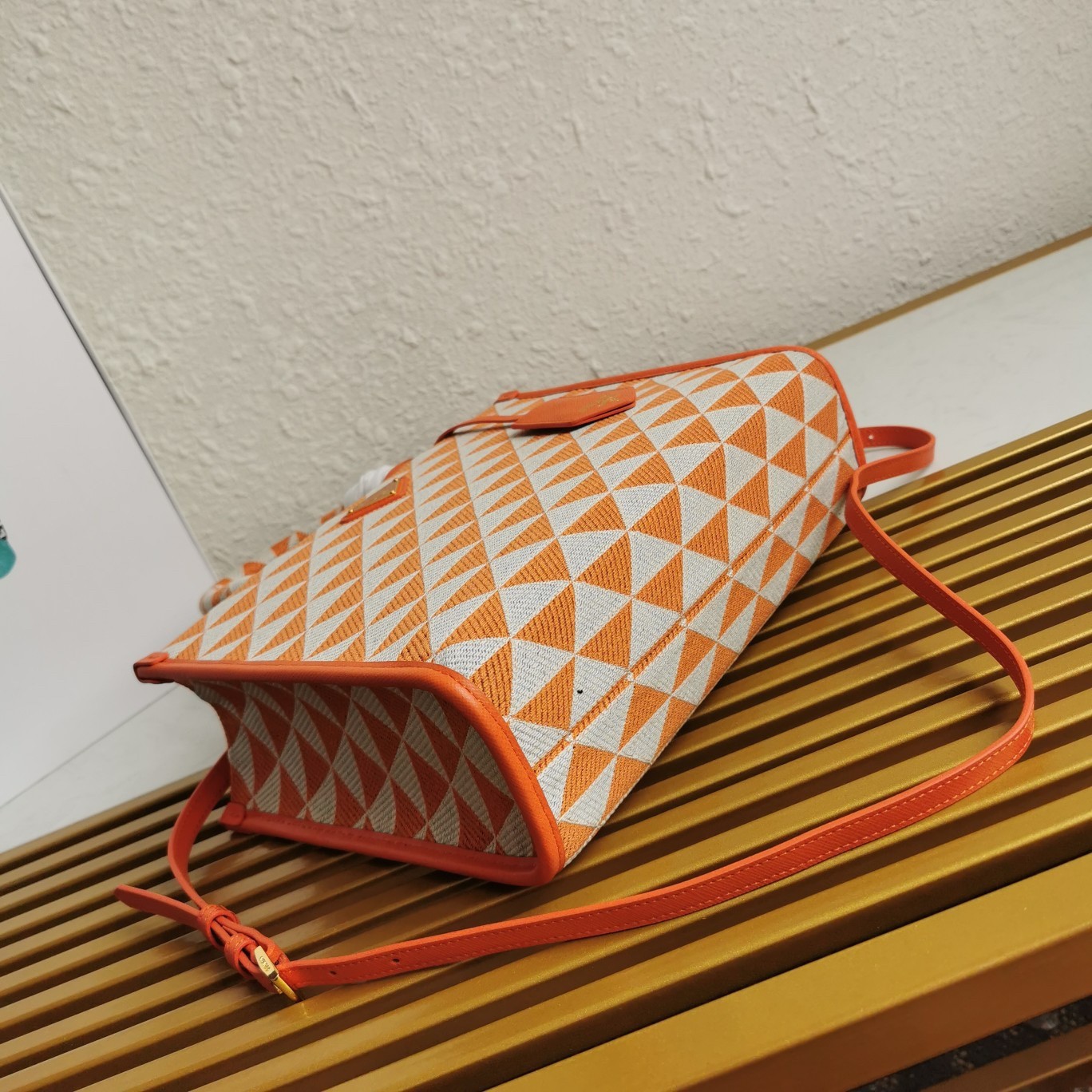 Pra*a symbole small bag in orange and white jacquard fabric