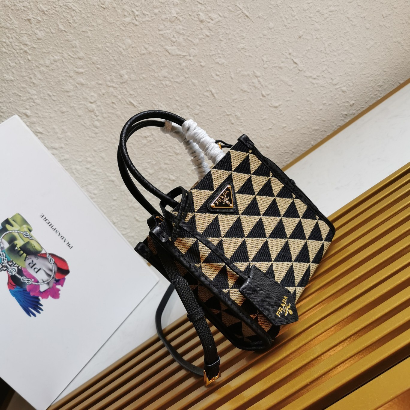 Pra*a symbole micro bag in black/beige jjacquard fabric