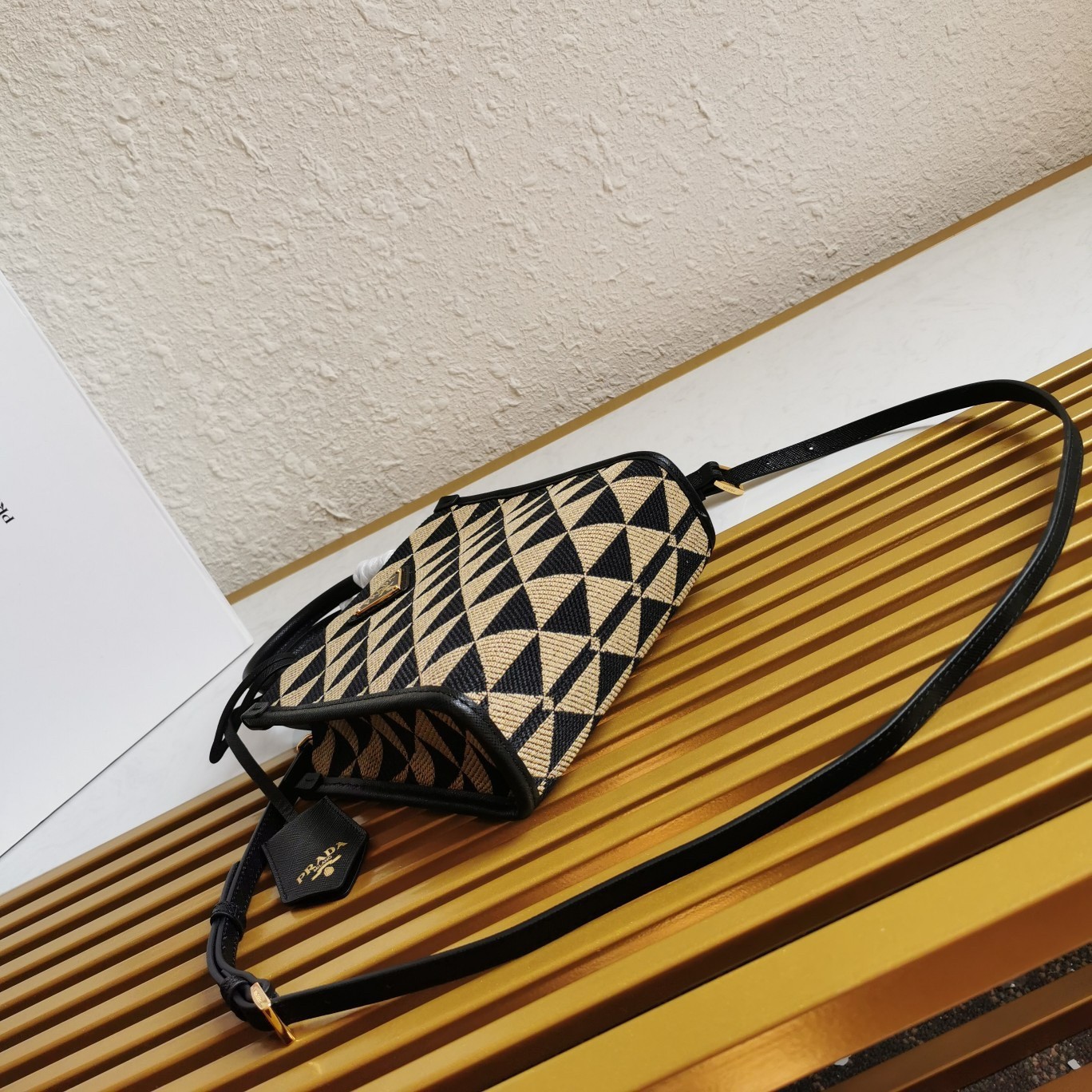 Pra*a symbole micro bag in black/beige jjacquard fabric
