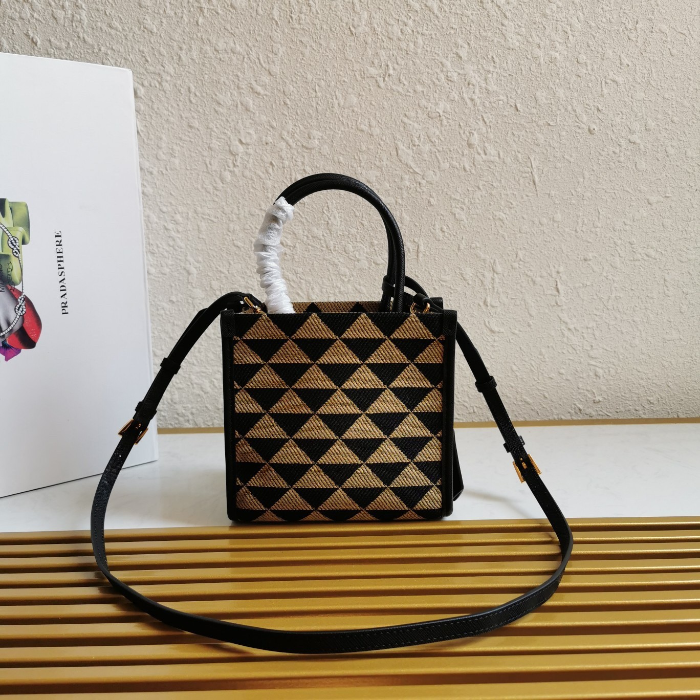 Pra*a symbole micro bag in black/beige jjacquard fabric