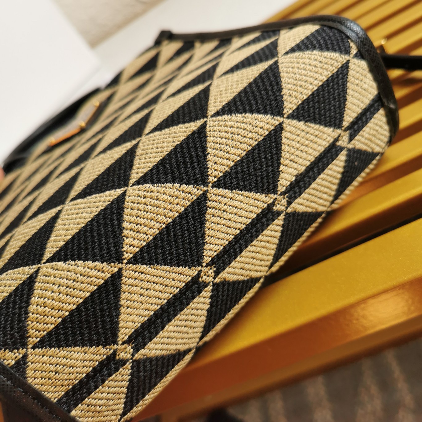 Pra*a symbole micro bag in black/beige jjacquard fabric