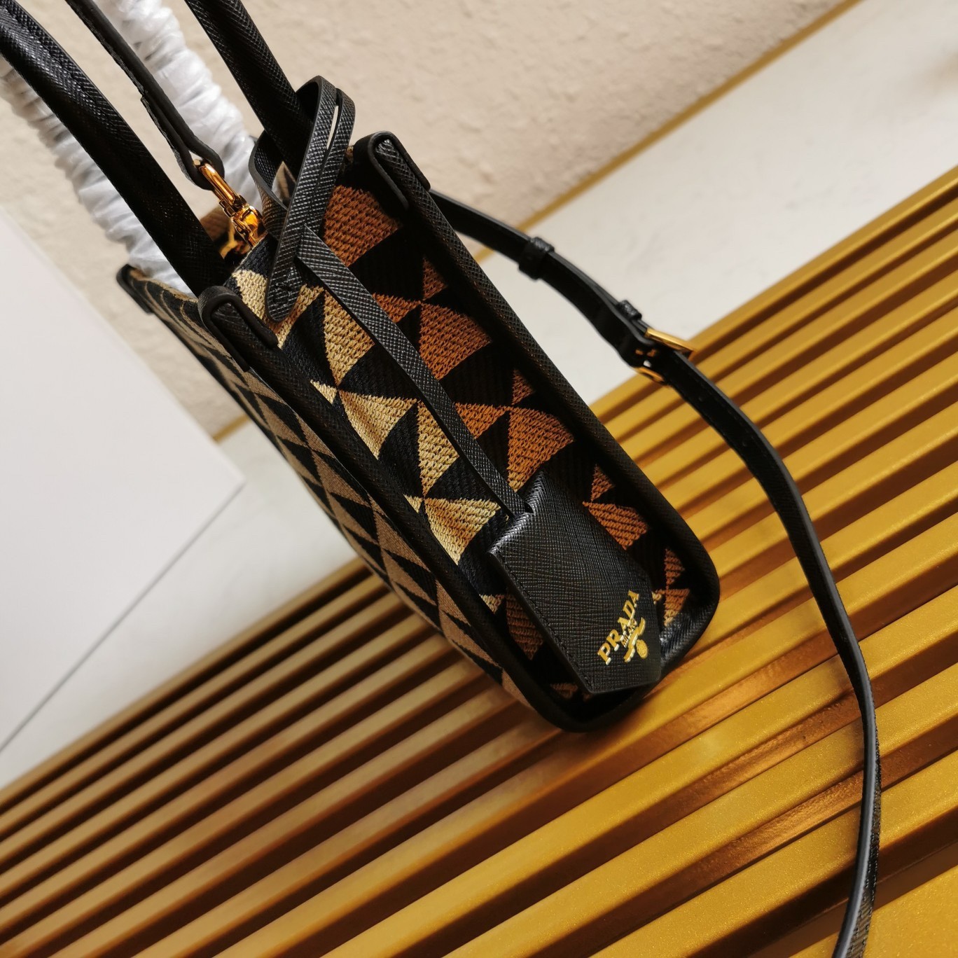 Pra*a symbole micro bag in black/beige jjacquard fabric