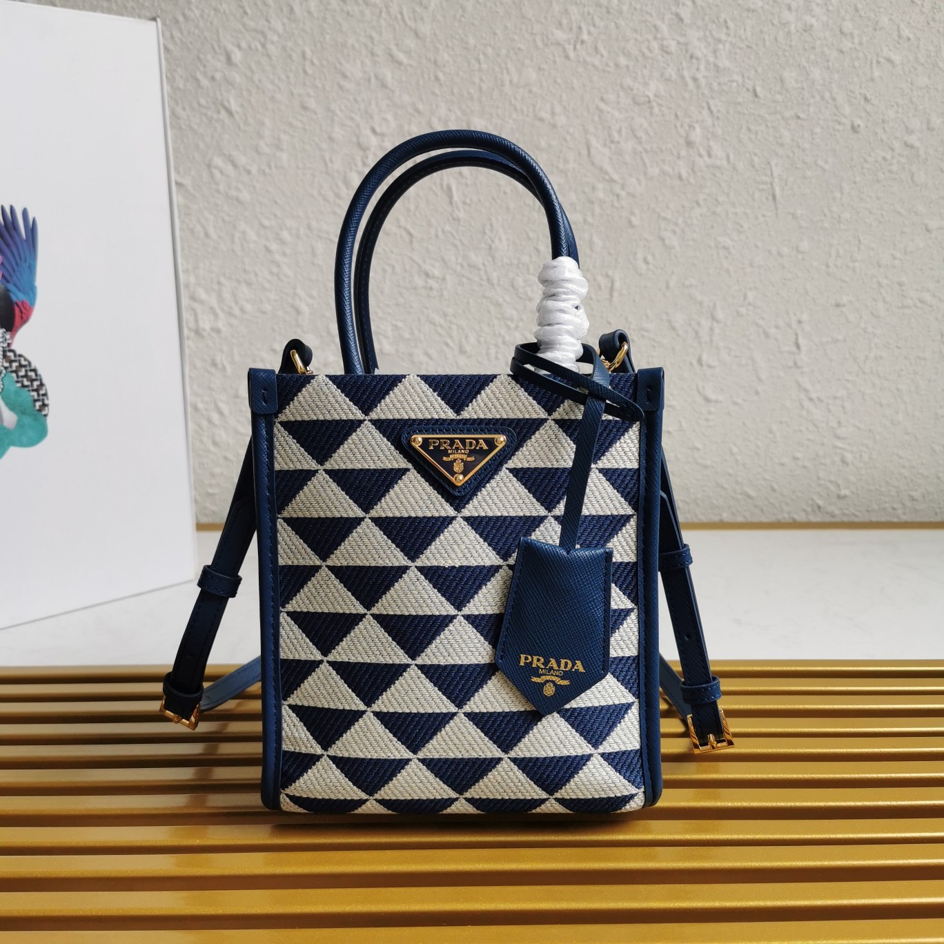 Pra*a symbole micro bag in white/blue jjacquard fabric