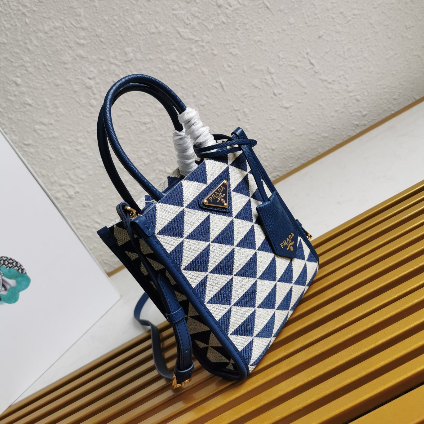 Pra*a symbole micro bag in white/blue jjacquard fabric