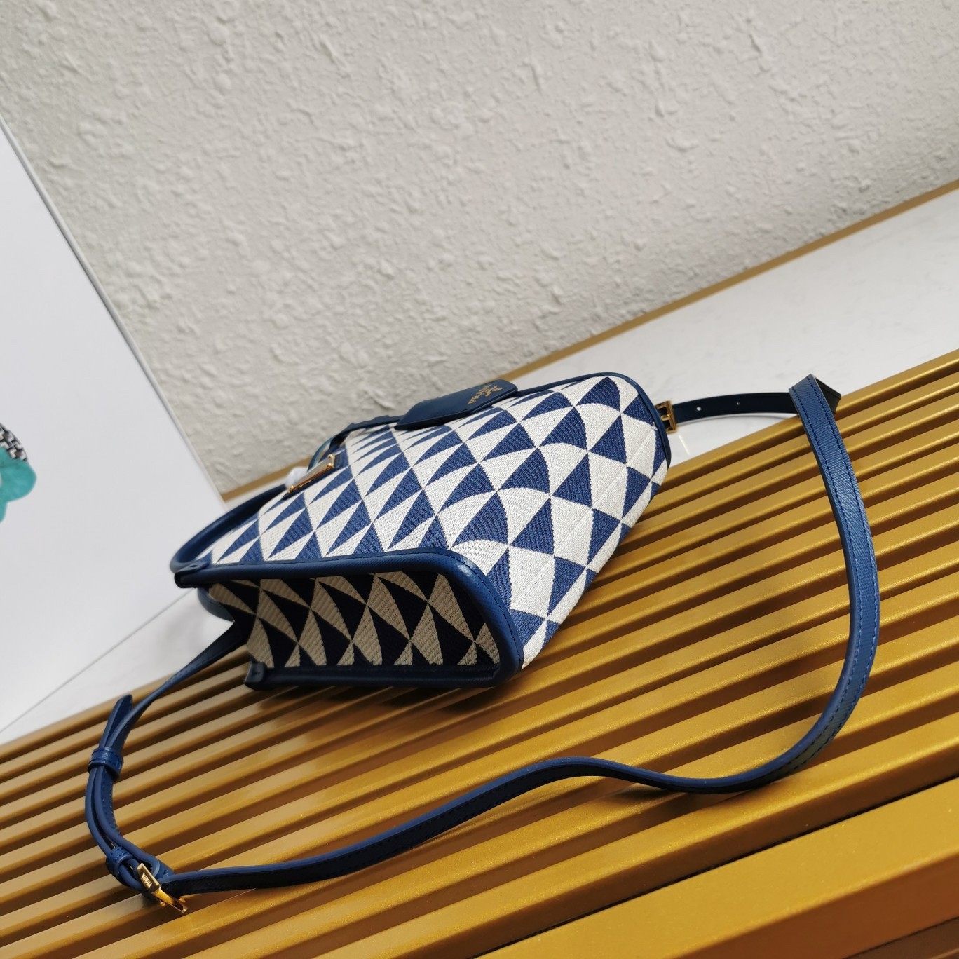 Pra*a symbole micro bag in white/blue jjacquard fabric