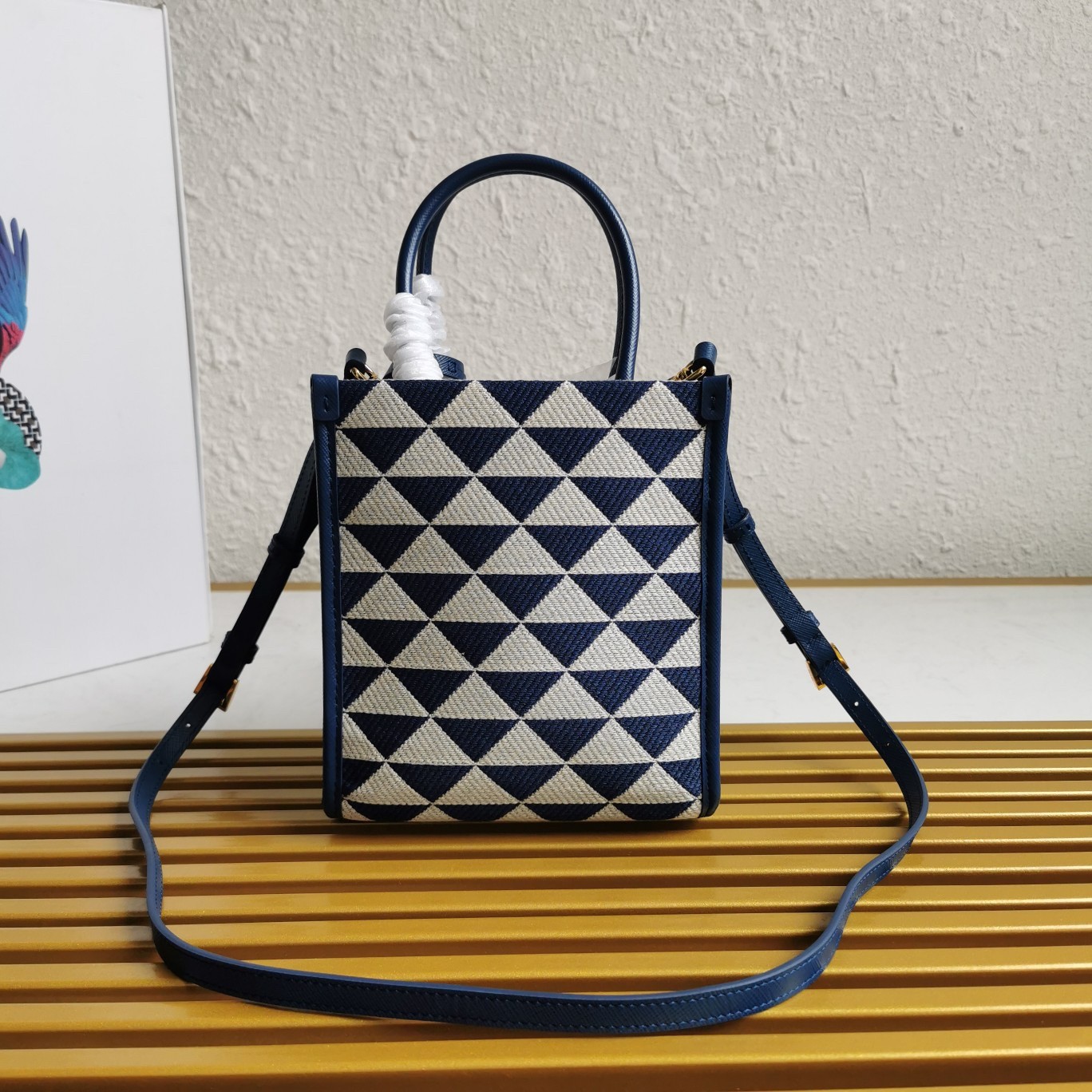 Pra*a symbole micro bag in white/blue jjacquard fabric