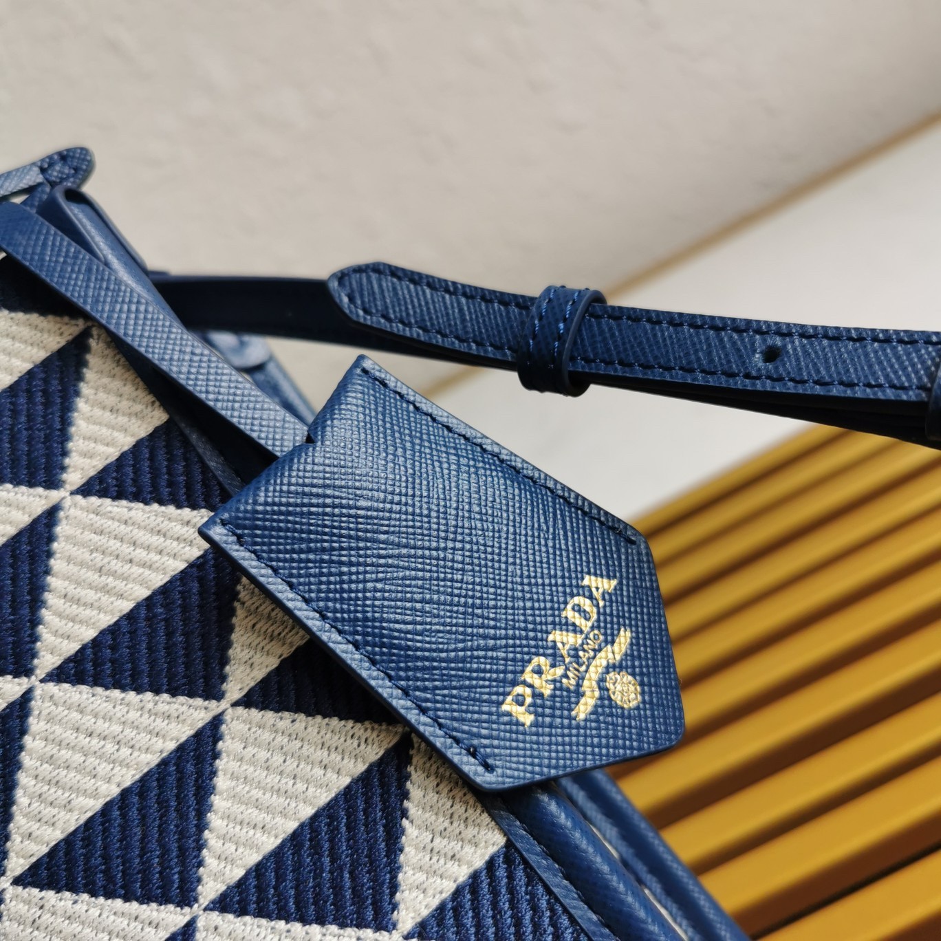 Pra*a symbole micro bag in white/blue jjacquard fabric