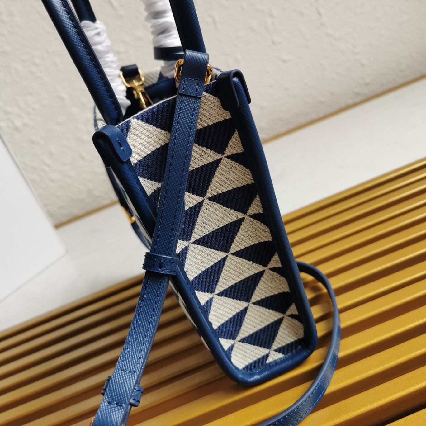 Pra*a symbole micro bag in white/blue jjacquard fabric