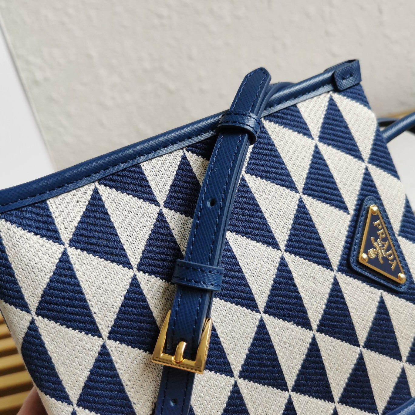 Pra*a symbole micro bag in white/blue jjacquard fabric