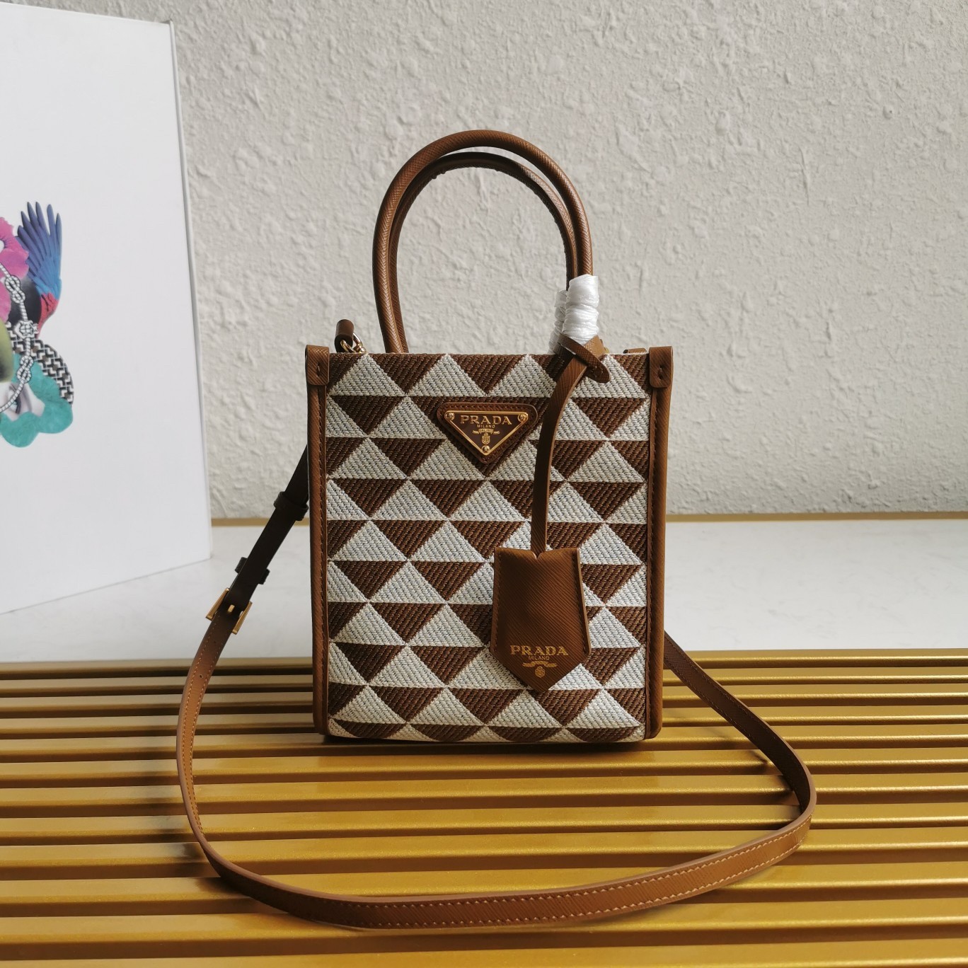 Pra*a symbole micro bag in white/brown jjacquard fabric