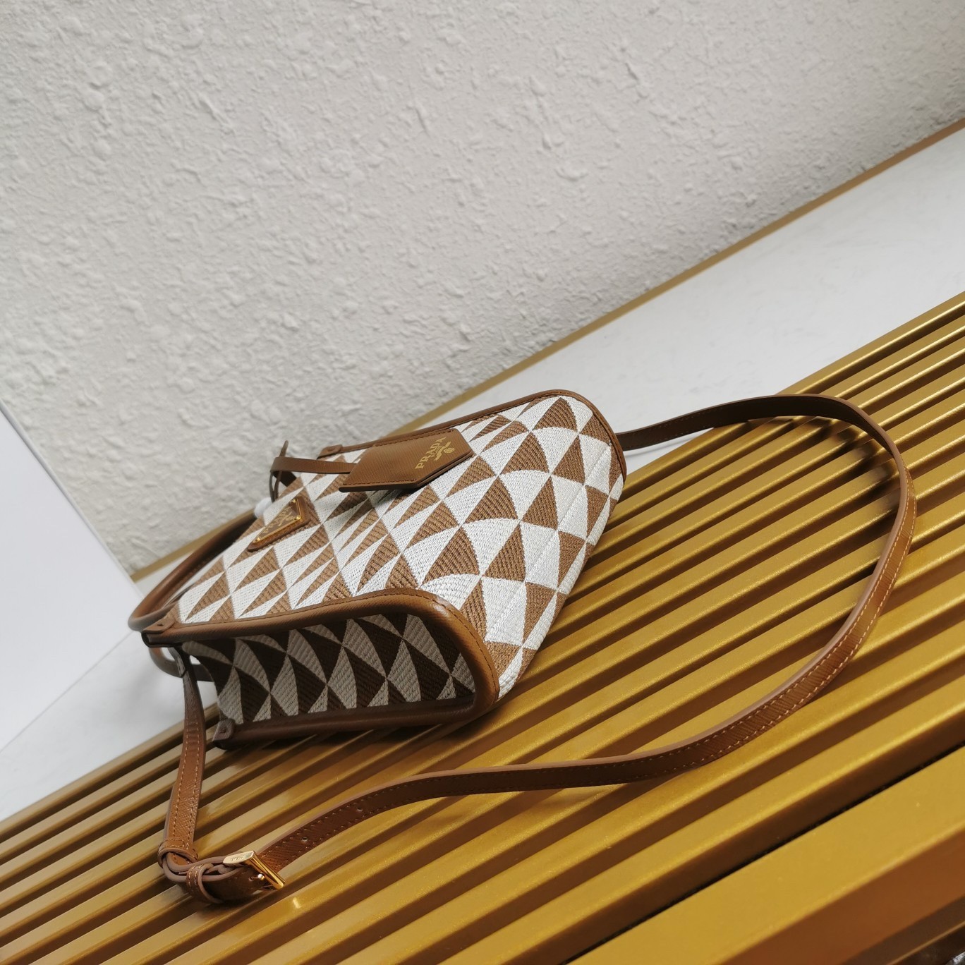 Pra*a symbole micro bag in white/brown jjacquard fabric