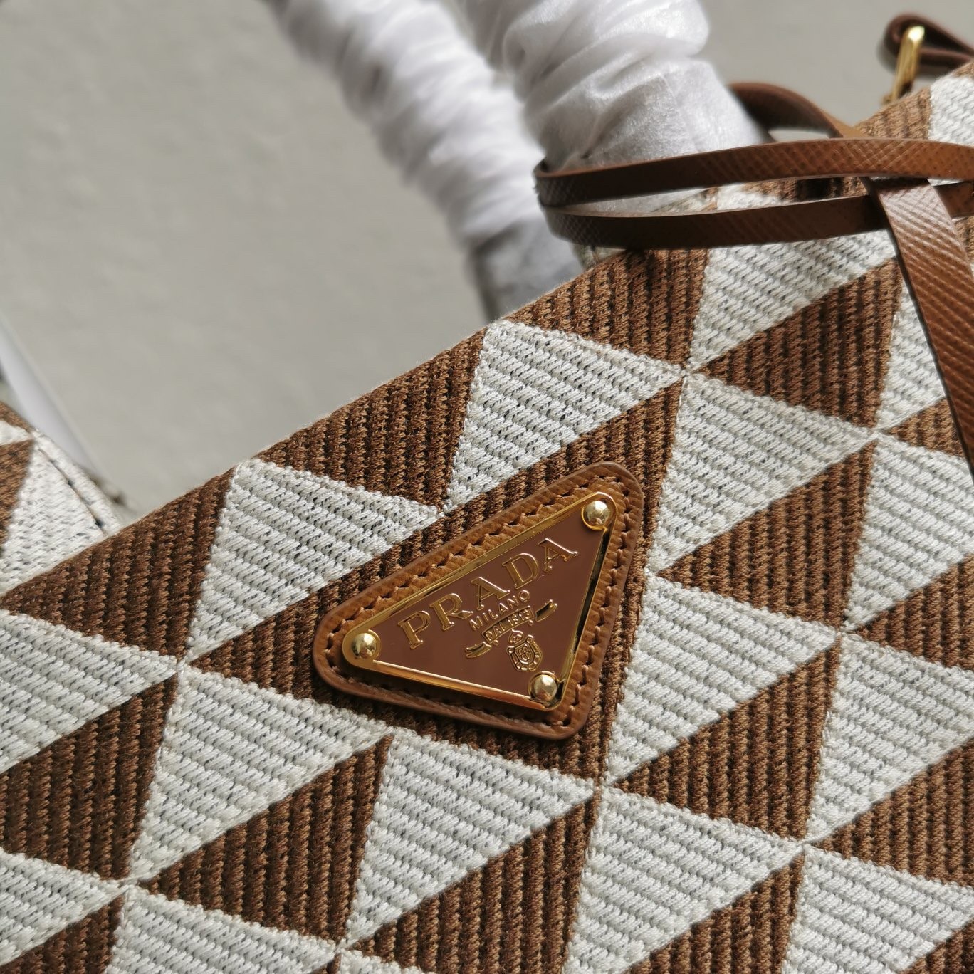 Pra*a symbole micro bag in white/brown jjacquard fabric