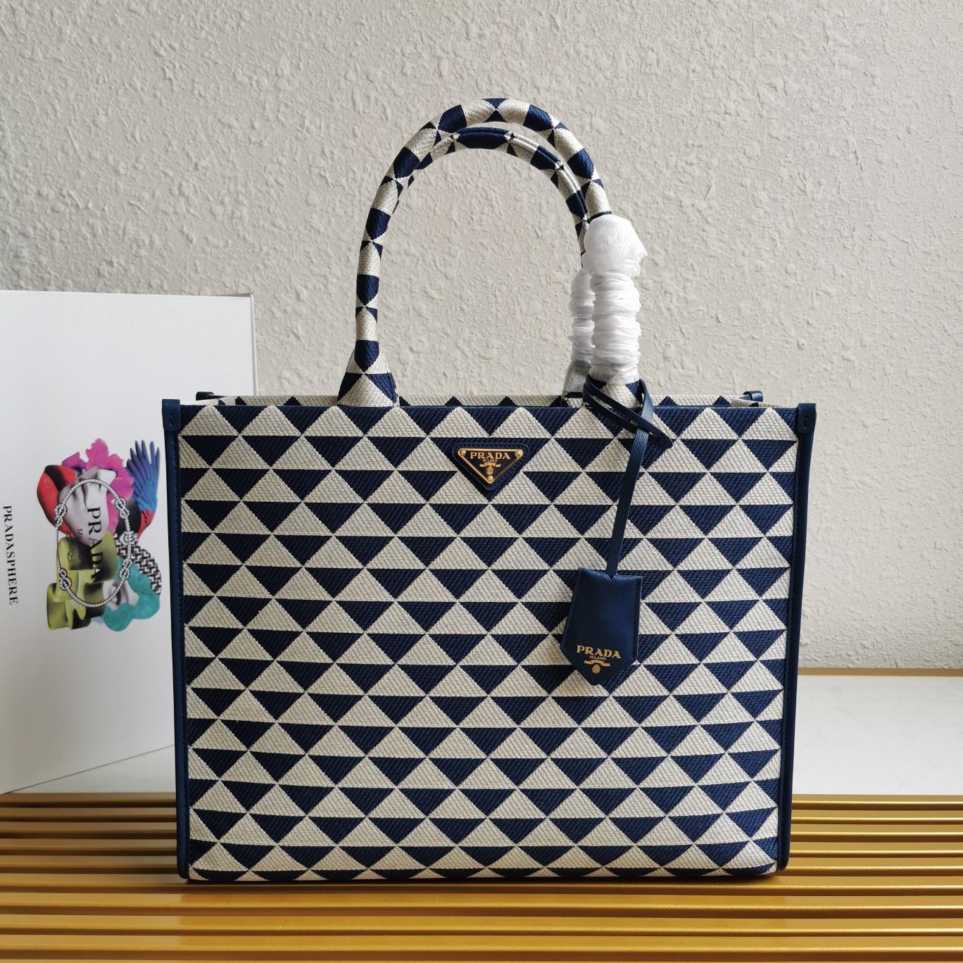 Pra*a symbole large bag in white/blue jjacquard fabric