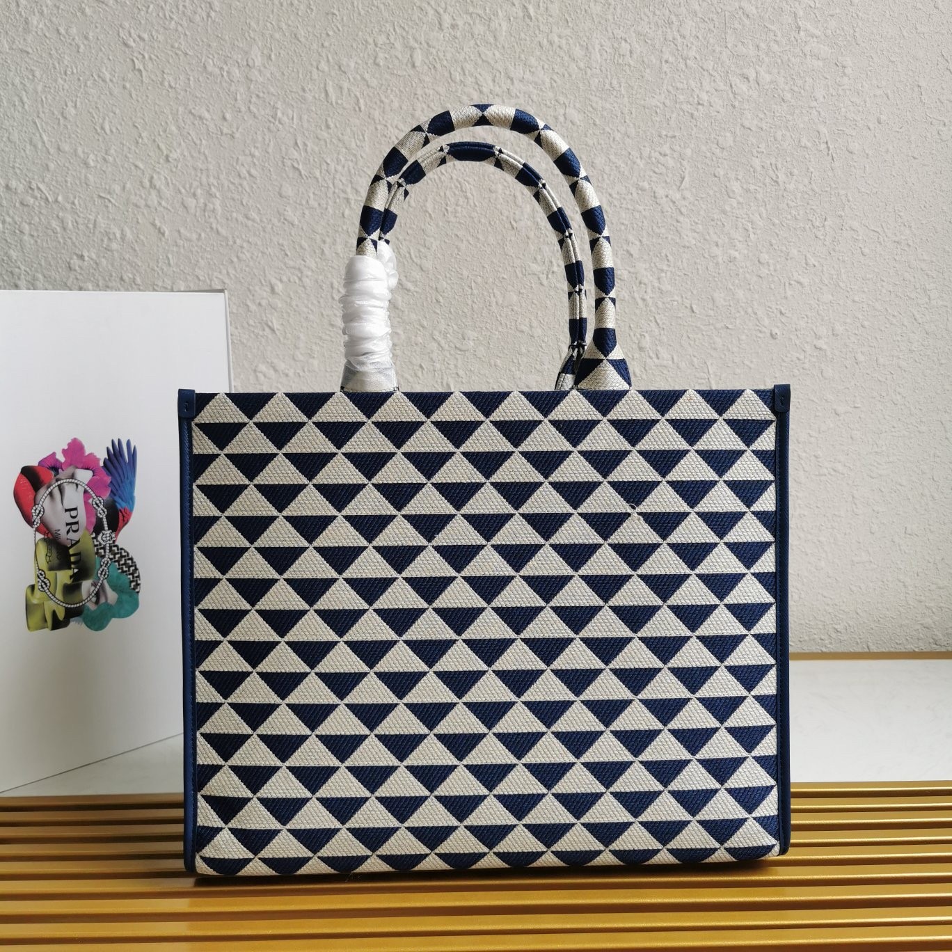 Pra*a symbole large bag in white/blue jjacquard fabric