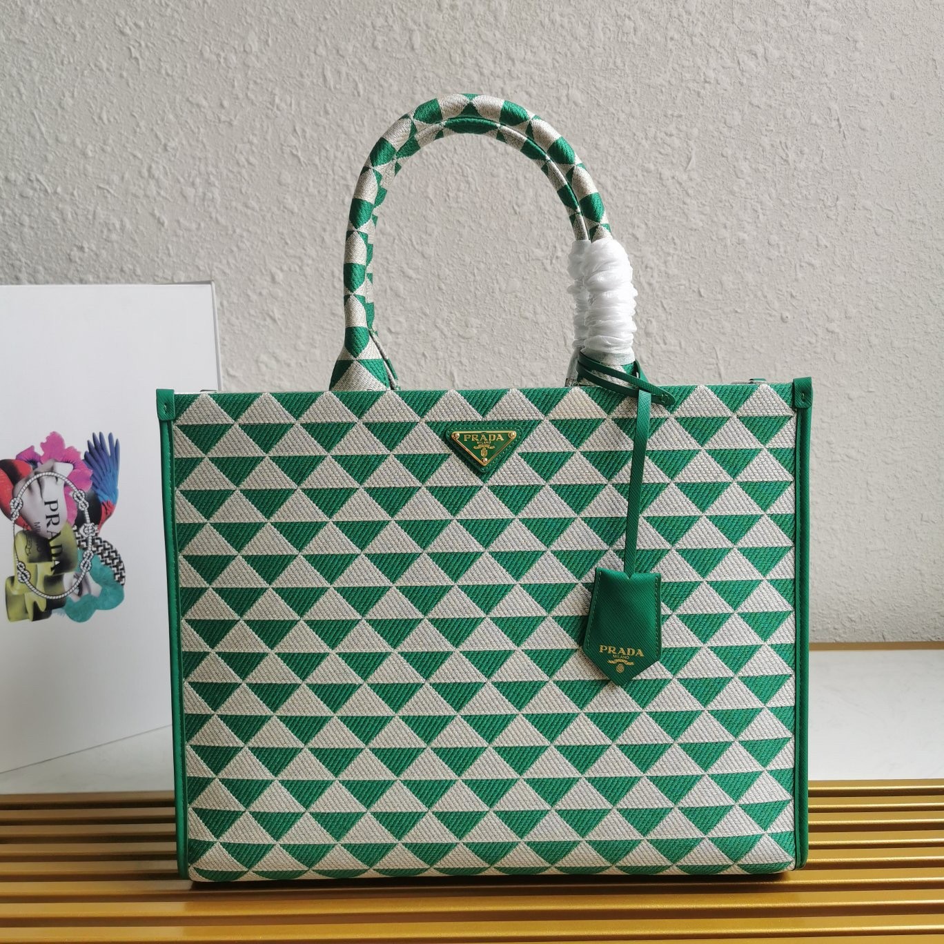 Pra*a symbole large bag in green and white jacquard fabric