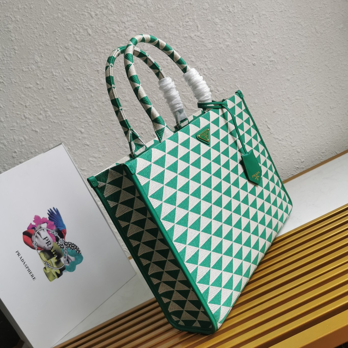 Pra*a symbole large bag in green and white jacquard fabric