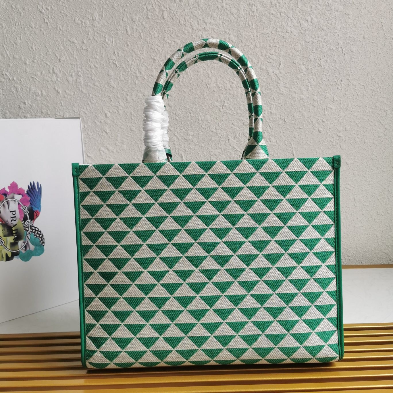 Pra*a symbole large bag in green and white jacquard fabric