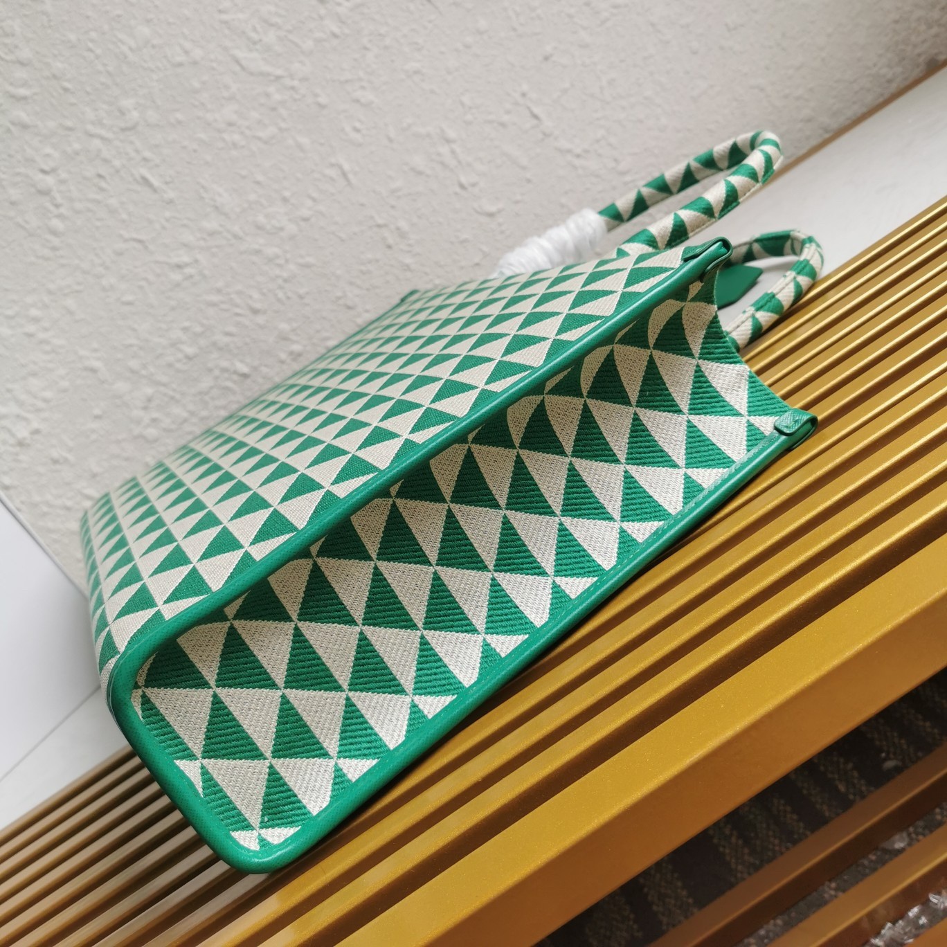 Pra*a symbole large bag in green and white jacquard fabric