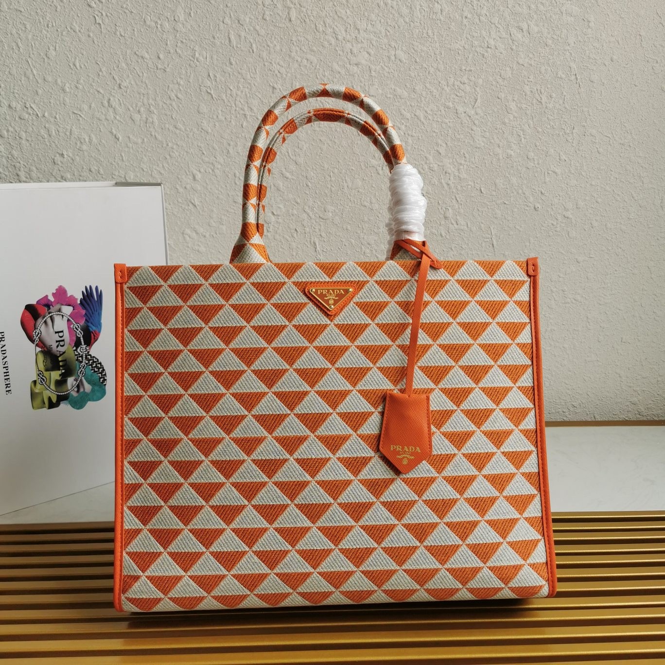 Pra*a symbole large bag in orange and white jacquard fabric