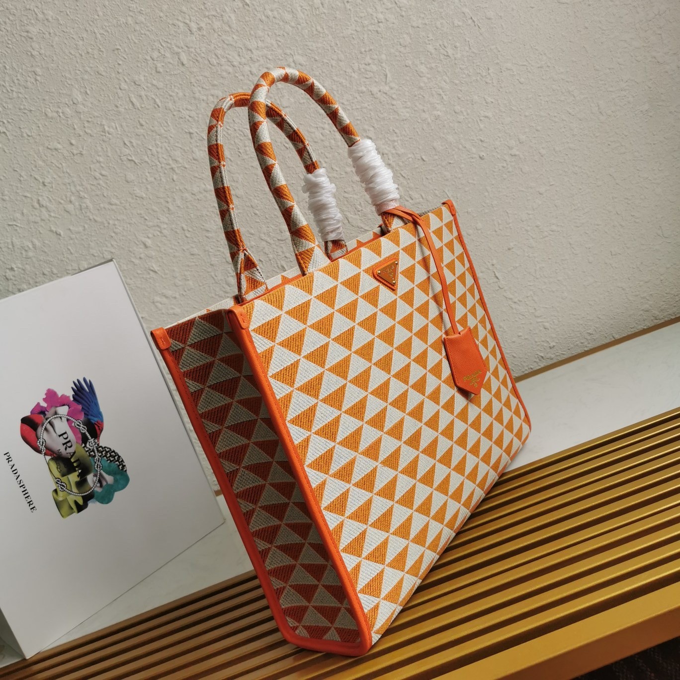 Pra*a symbole large bag in orange and white jacquard fabric