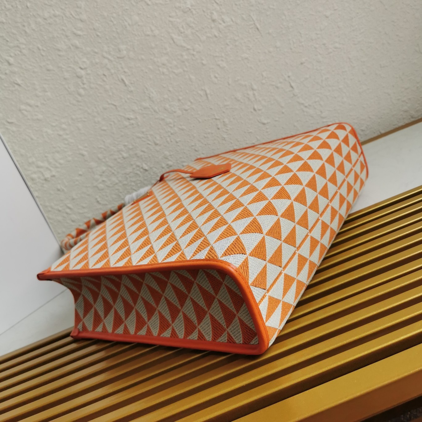 Pra*a symbole large bag in orange and white jacquard fabric