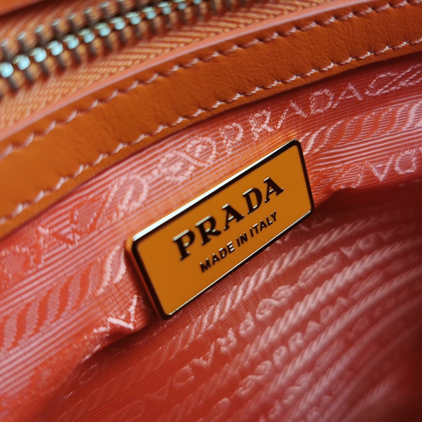 Pra*a symbole large bag in orange and white jacquard fabric