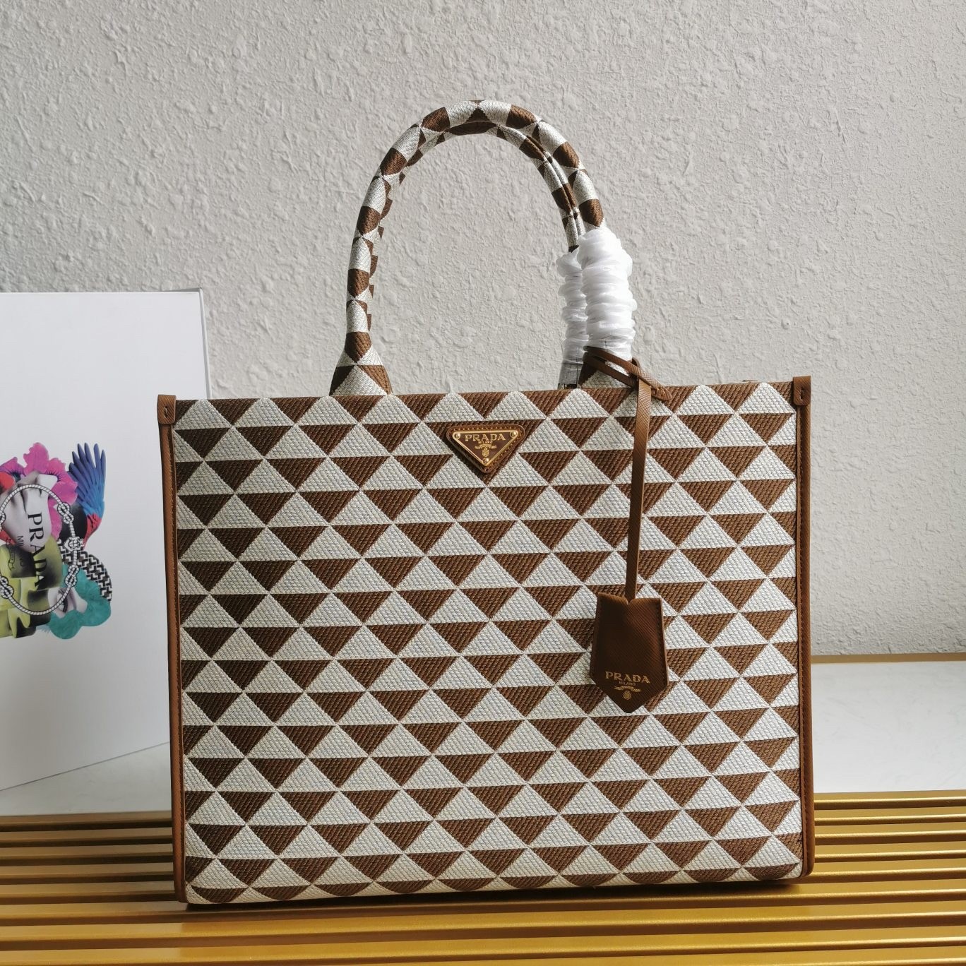 Pra*a symbole large bag in white/brown jjacquard fabric