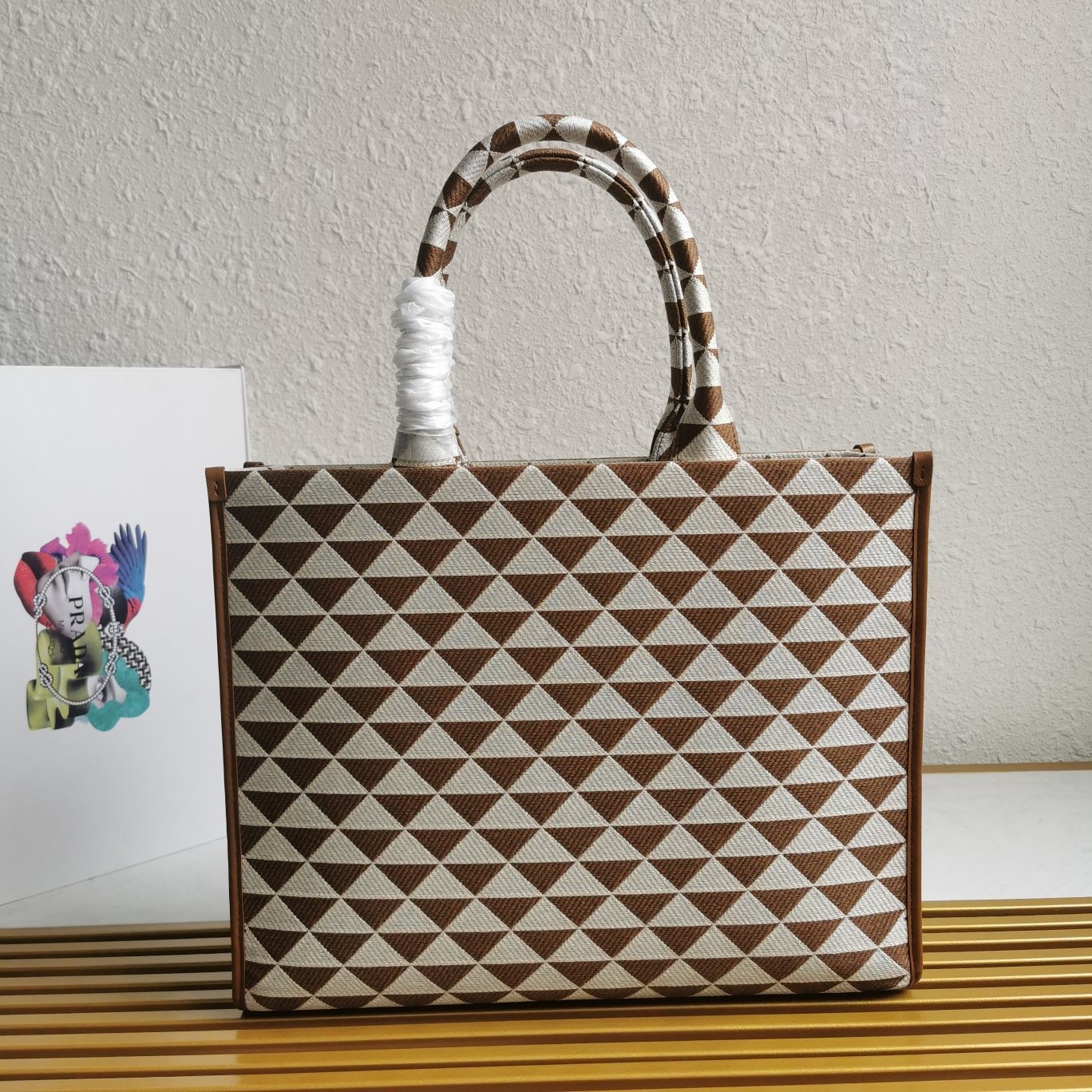Pra*a symbole large bag in white/brown jjacquard fabric