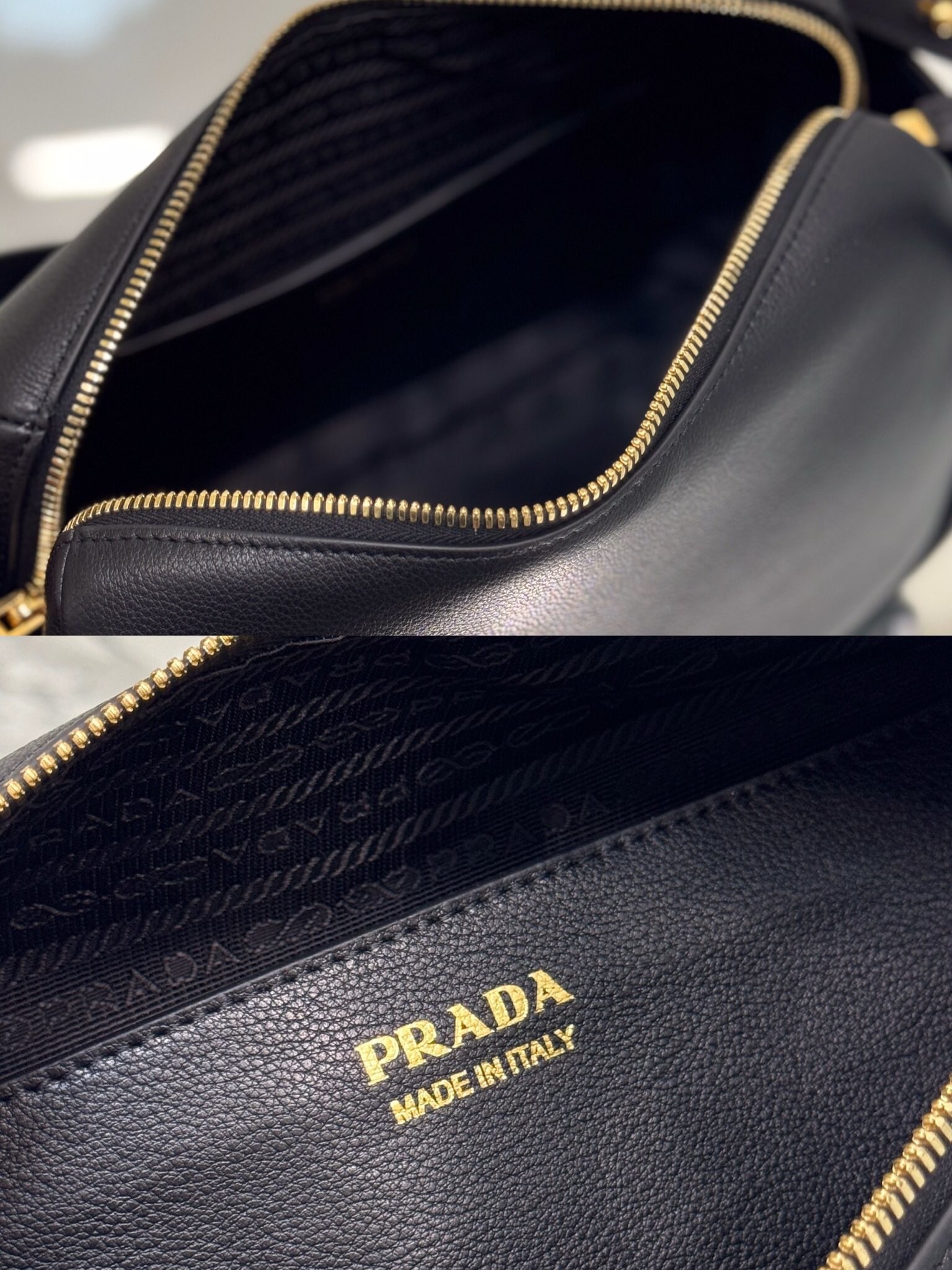 Pra*a top handle bag in black grained leather