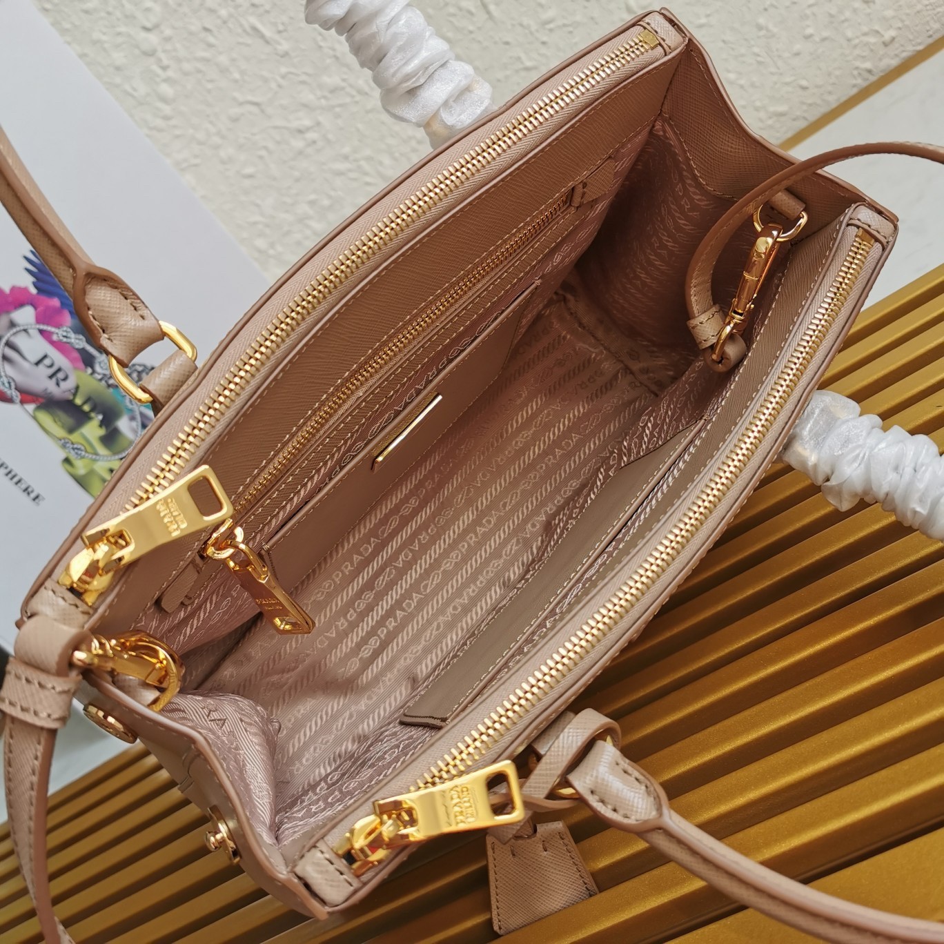 Pra*a small galleria bag in beige saffiano leather
