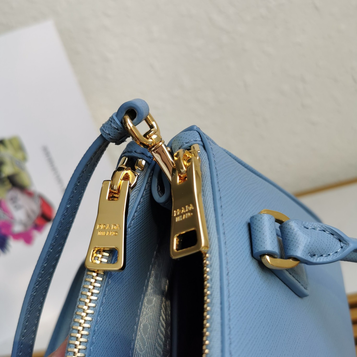 Pra*a mini galleria bag in light blue saffiano leather