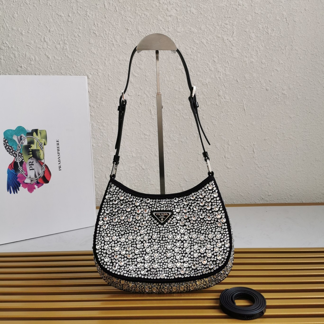 Pra*a cleo bag in black satin with cystal appliques