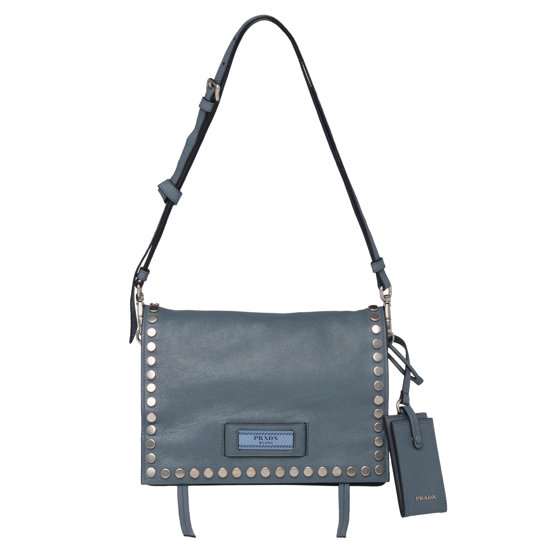 Pra*a etiquette bag in blue calfskin with metal stud trim