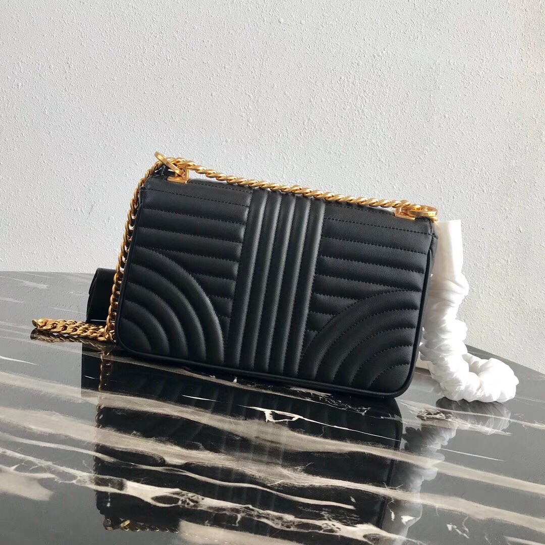 Pra*a medium diagramme flap bag in black calfskin