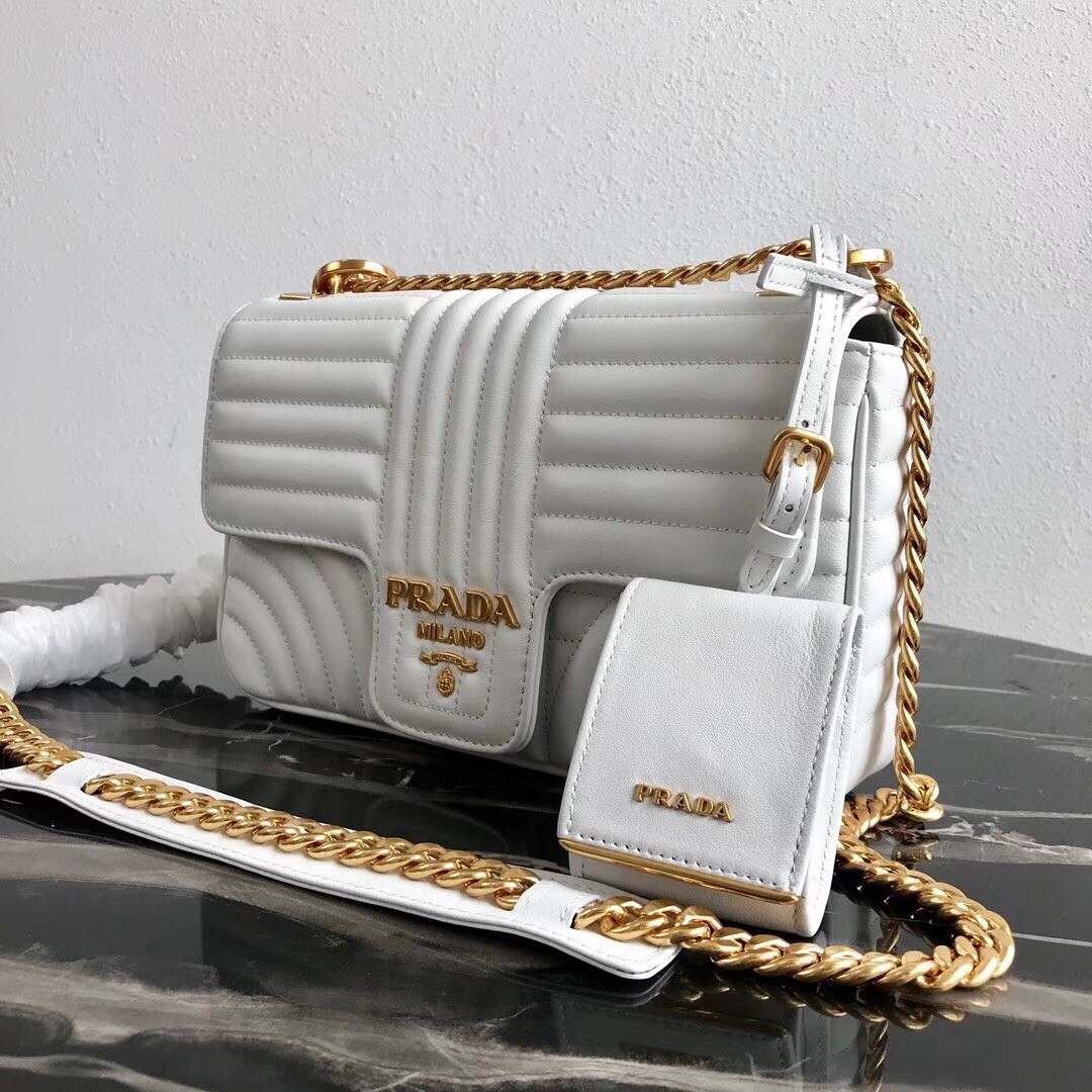 Pra*a medium diagramme flap bag in white calfskin