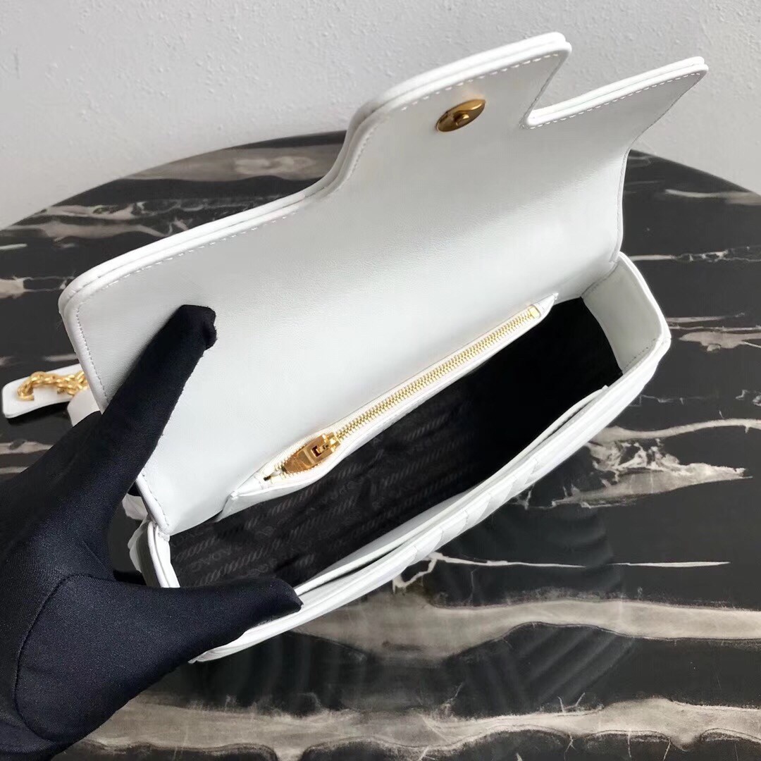 Pra*a medium diagramme flap bag in white calfskin